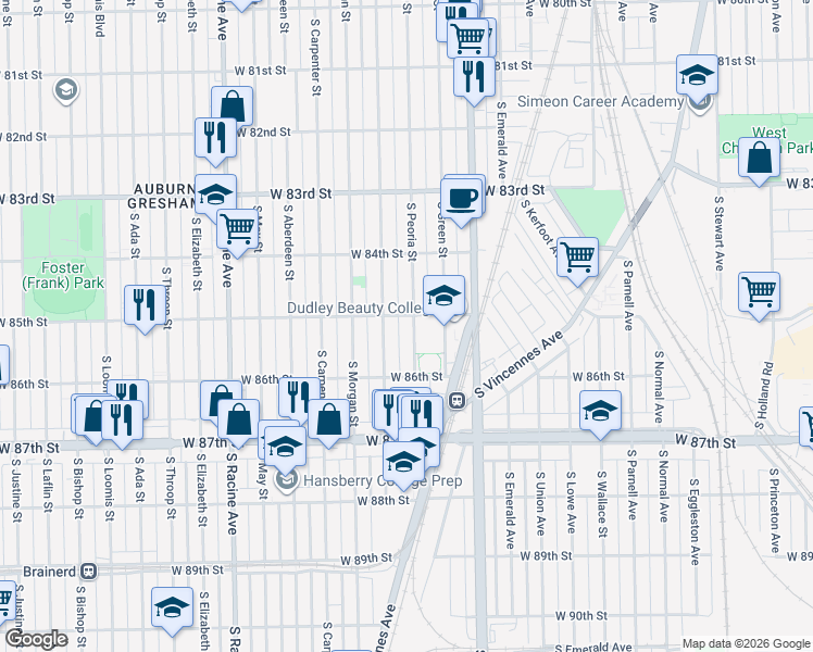 map of restaurants, bars, coffee shops, grocery stores, and more near 8506 South Peoria Street in Chicago