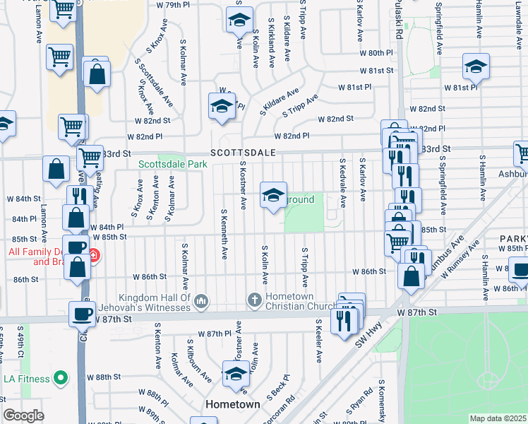 map of restaurants, bars, coffee shops, grocery stores, and more near 8445 South Kolin Avenue in Chicago