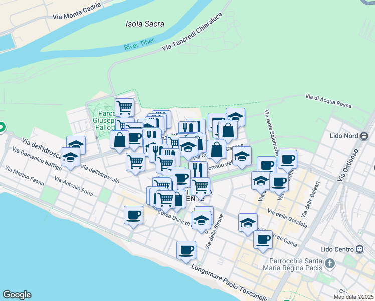 map of restaurants, bars, coffee shops, grocery stores, and more near 108 Via Aristide Carabelli in Lido di Ostia