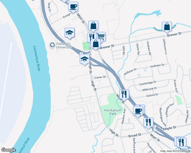 map of restaurants, bars, coffee shops, grocery stores, and more near 40 Carter Street in East Hartford
