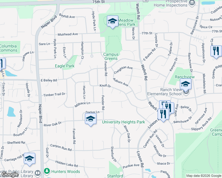 map of restaurants, bars, coffee shops, grocery stores, and more near 1714 Drake Court in Naperville