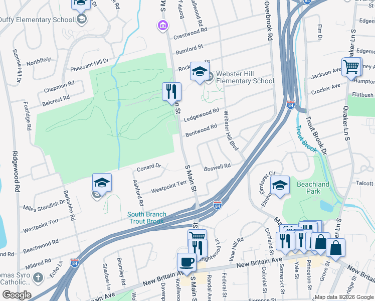 map of restaurants, bars, coffee shops, grocery stores, and more near 342 South Main Street in West Hartford
