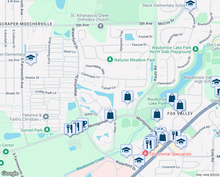 map of restaurants, bars, coffee shops, grocery stores, and more near 1882 Cattail Circle in Aurora