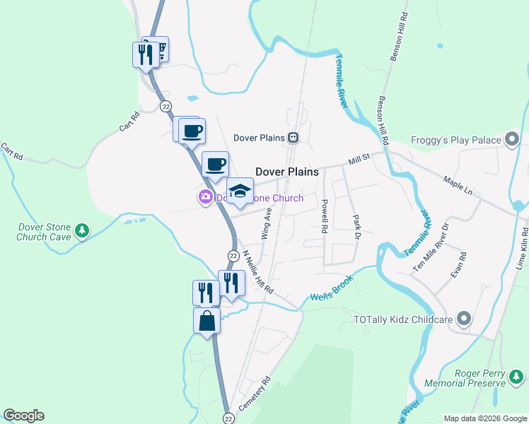 map of restaurants, bars, coffee shops, grocery stores, and more near 24 Wing Avenue in Dover Plains