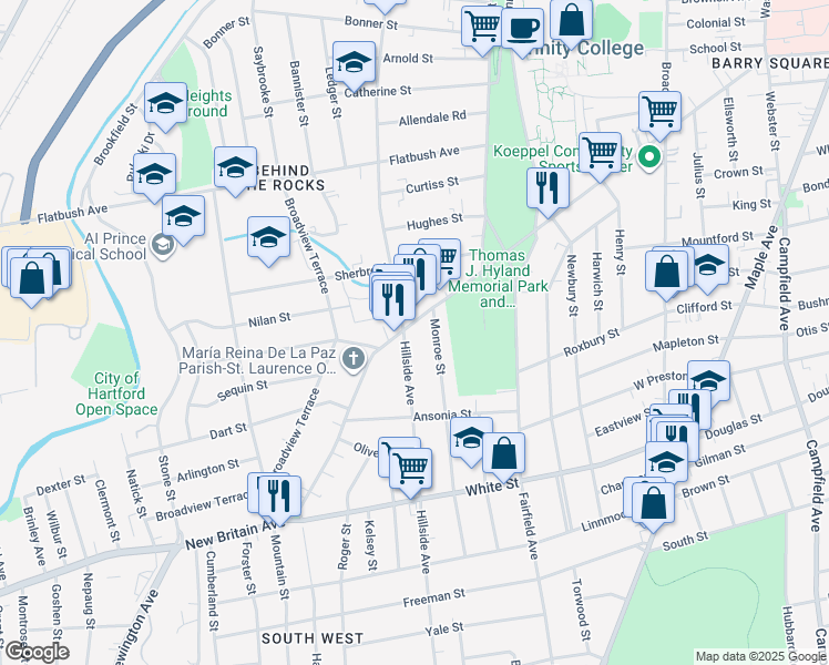 map of restaurants, bars, coffee shops, grocery stores, and more near 445 New Britain Avenue in Hartford