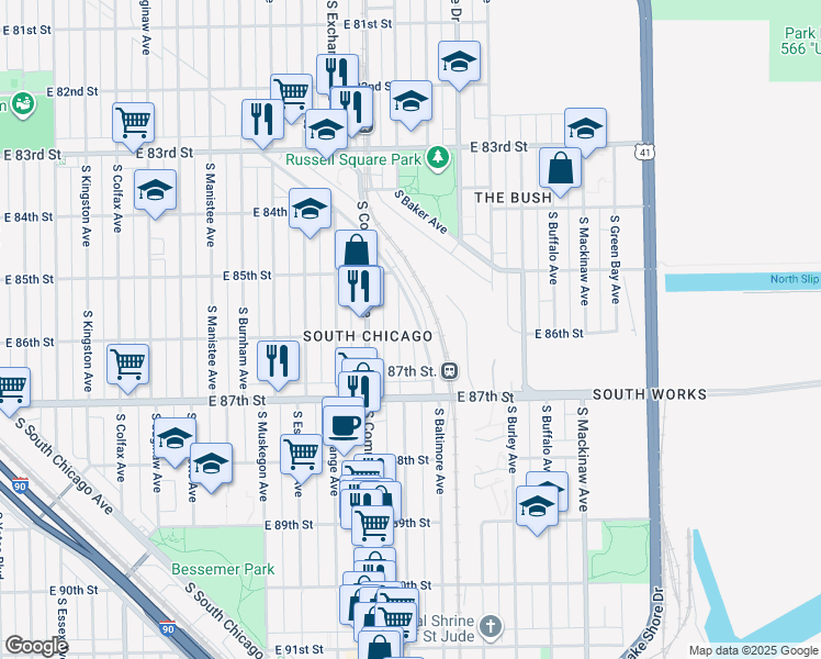 map of restaurants, bars, coffee shops, grocery stores, and more near 8602 South Houston Avenue in Chicago