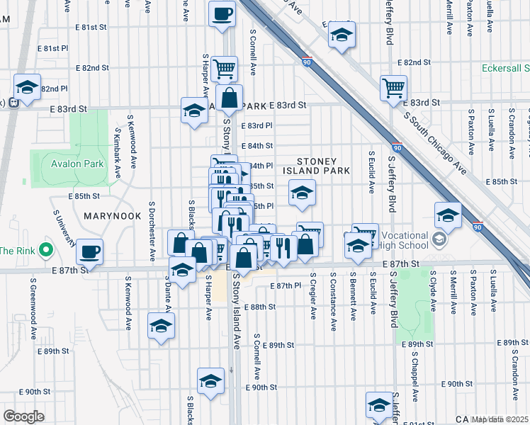 map of restaurants, bars, coffee shops, grocery stores, and more near 1644 East 86th Street in Chicago