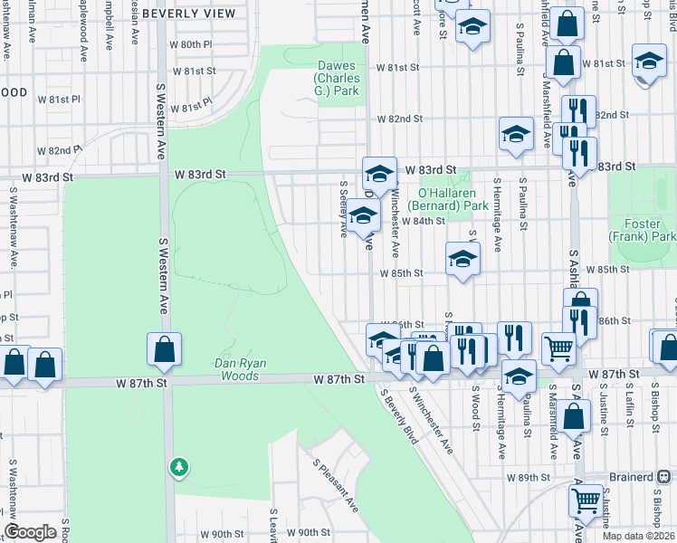 map of restaurants, bars, coffee shops, grocery stores, and more near 8507 South Hoyne Avenue in Chicago