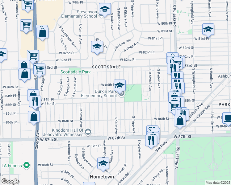 map of restaurants, bars, coffee shops, grocery stores, and more near 8438 South Kolin Avenue in Chicago