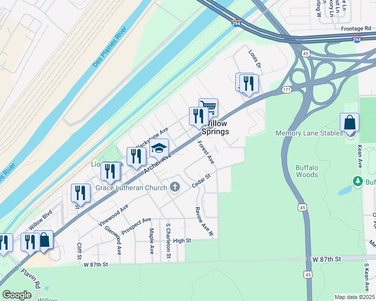map of restaurants, bars, coffee shops, grocery stores, and more near 812 Vinewood Avenue in Willow Springs