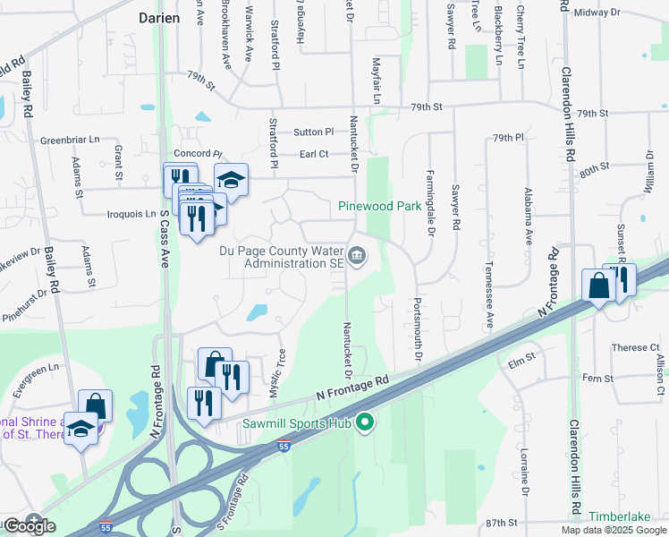 map of restaurants, bars, coffee shops, grocery stores, and more near 8245 Ripple Ridge in Darien