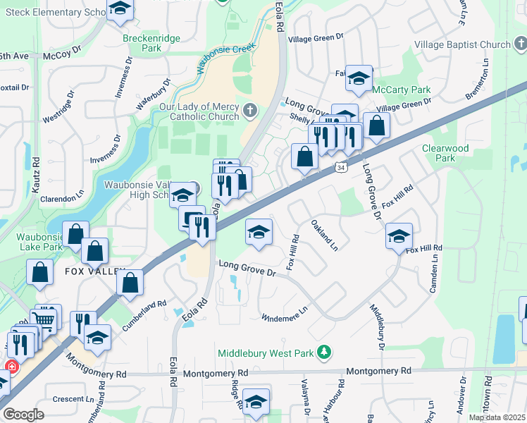 map of restaurants, bars, coffee shops, grocery stores, and more near 840 Chelsea Court in Aurora