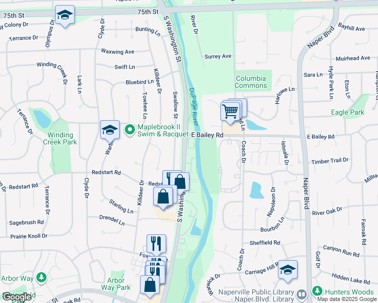map of restaurants, bars, coffee shops, grocery stores, and more near 1651 Cove Court in Naperville