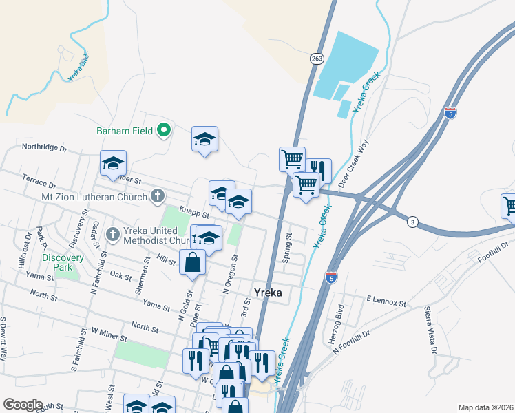 map of restaurants, bars, coffee shops, grocery stores, and more near 558 North Oregon Street in Yreka