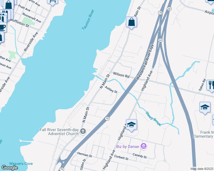 map of restaurants, bars, coffee shops, grocery stores, and more near 3159 N Main St in Fall River