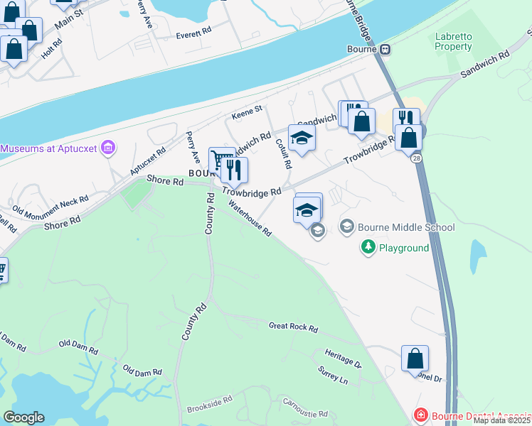 map of restaurants, bars, coffee shops, grocery stores, and more near 40 Cotuit Road in Bourne