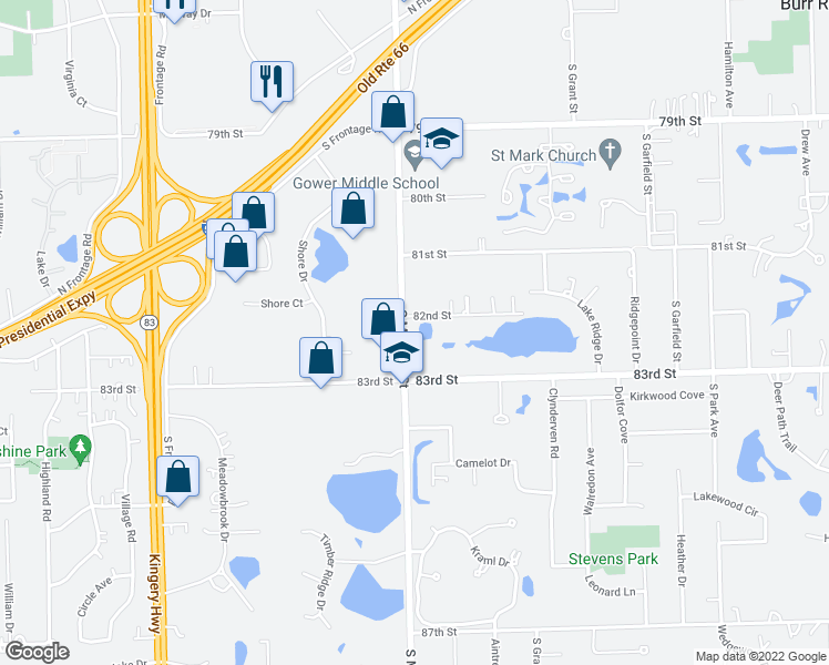 map of restaurants, bars, coffee shops, grocery stores, and more near 15W752 83rd Street in Burr Ridge