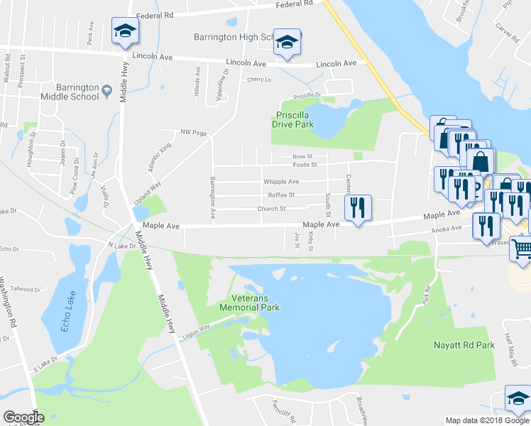 map of restaurants, bars, coffee shops, grocery stores, and more near 21 Walter Street in Barrington