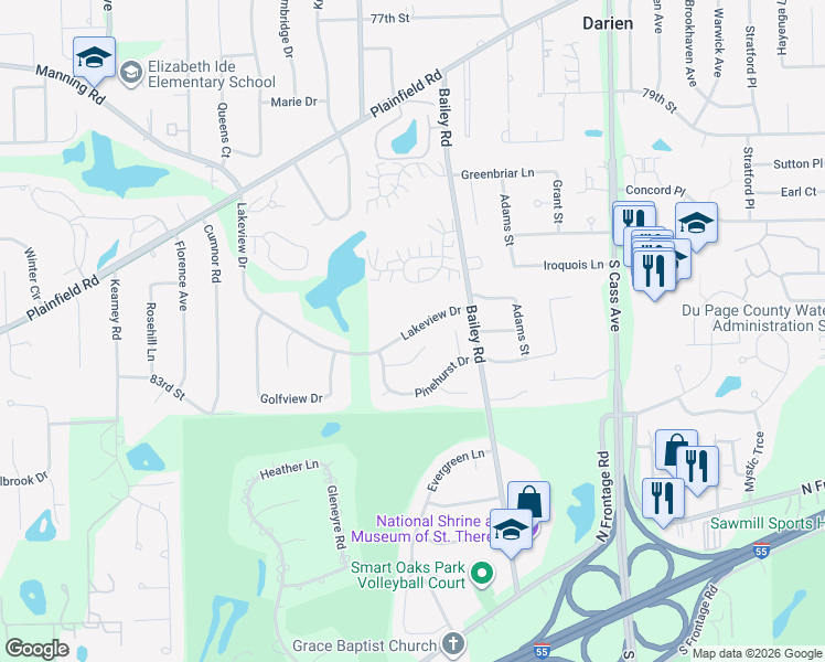map of restaurants, bars, coffee shops, grocery stores, and more near 1510 Pine View Court in Darien
