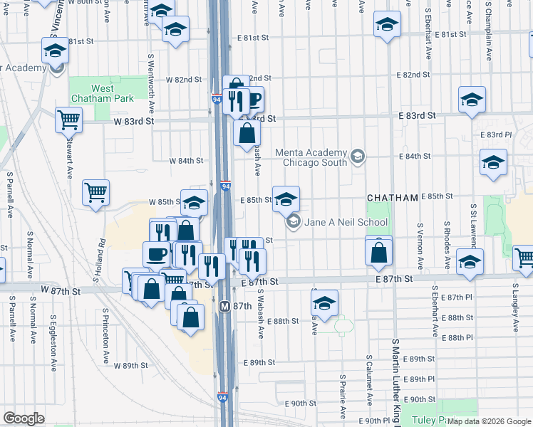 map of restaurants, bars, coffee shops, grocery stores, and more near 8533 South Wabash Avenue in Chicago