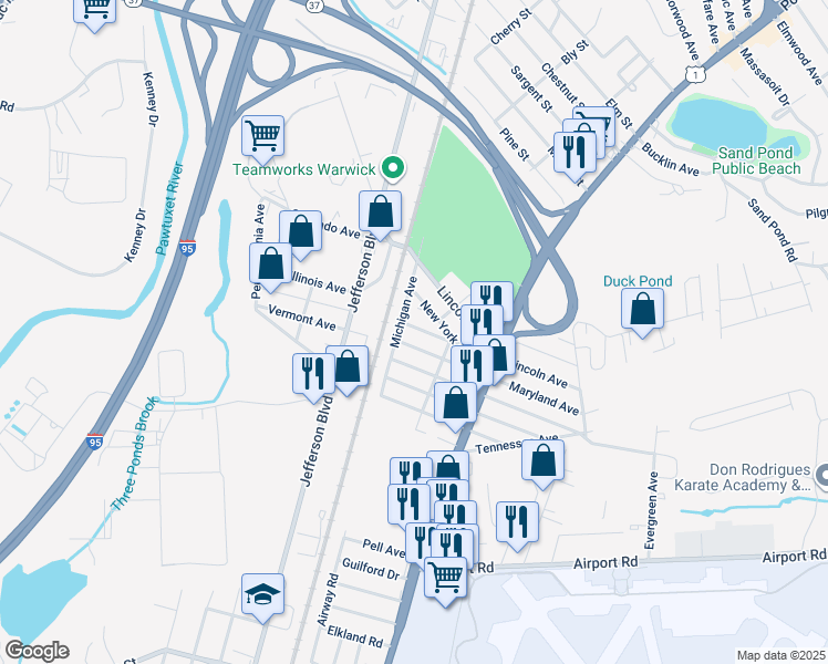 map of restaurants, bars, coffee shops, grocery stores, and more near 46 Montana Avenue in Warwick