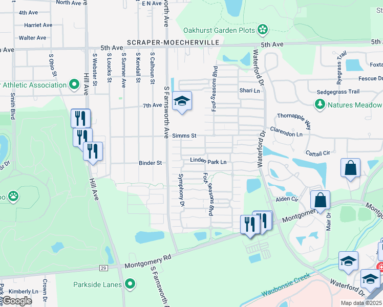 map of restaurants, bars, coffee shops, grocery stores, and more near 828 Symphony Drive in Aurora