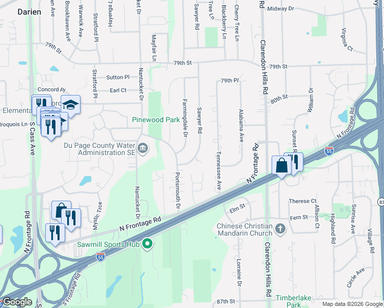 map of restaurants, bars, coffee shops, grocery stores, and more near 8215 Sawyer Court in Darien