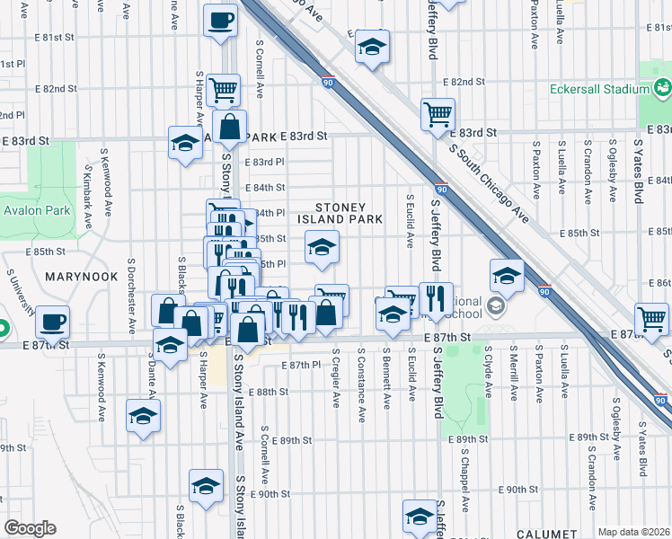map of restaurants, bars, coffee shops, grocery stores, and more near 8555 South Cregier Avenue in Chicago