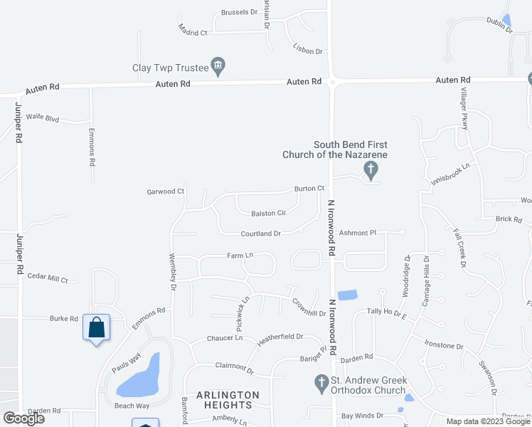 map of restaurants, bars, coffee shops, grocery stores, and more near 18188 Balston Circle in South Bend