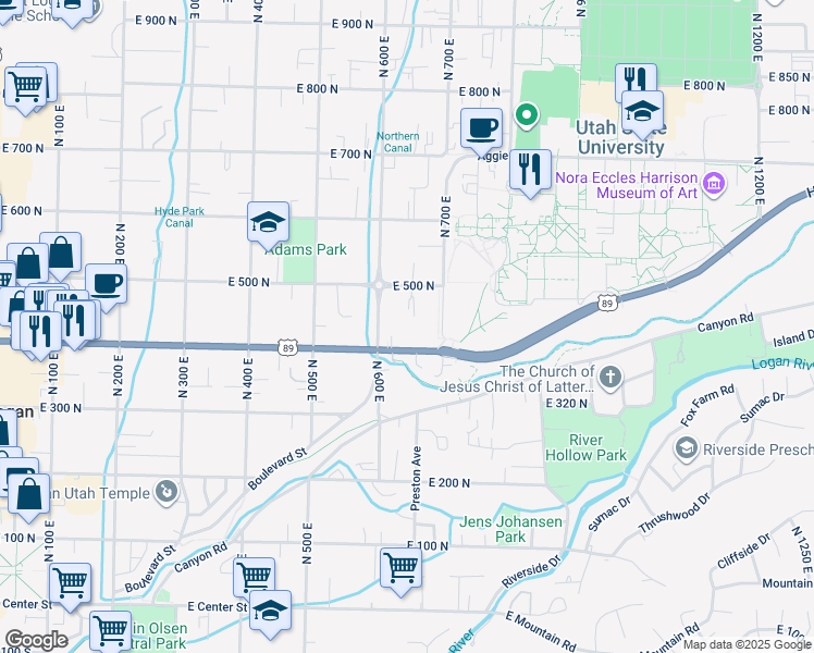 map of restaurants, bars, coffee shops, grocery stores, and more near 683 East 400 North in Logan