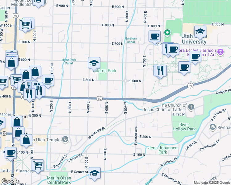 map of restaurants, bars, coffee shops, grocery stores, and more near 549 East 400 North in Logan