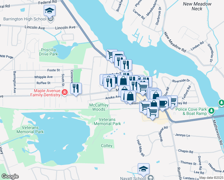 map of restaurants, bars, coffee shops, grocery stores, and more near 83 Anoka Avenue in Barrington