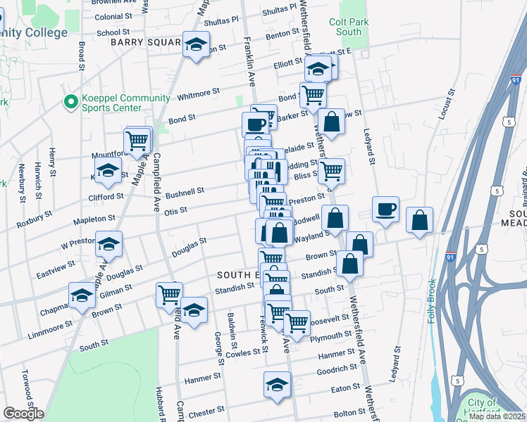 map of restaurants, bars, coffee shops, grocery stores, and more near 1 Franklin Place in Hartford