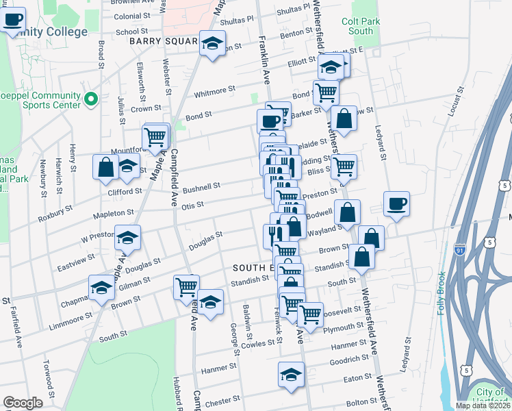 map of restaurants, bars, coffee shops, grocery stores, and more near 65 Winship Street in Hartford
