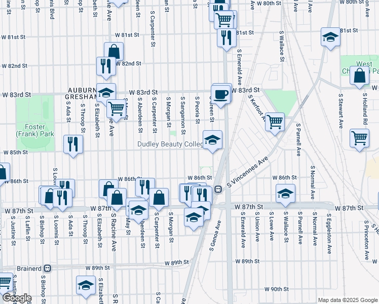 map of restaurants, bars, coffee shops, grocery stores, and more near 8516 South Peoria Street in Chicago