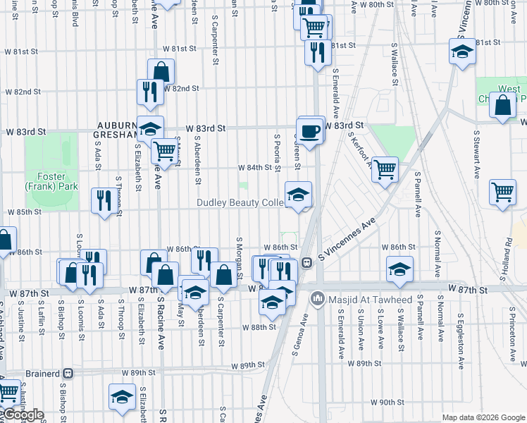 map of restaurants, bars, coffee shops, grocery stores, and more near 8516 South Peoria Street in Chicago