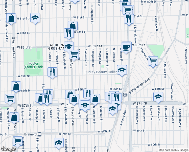 map of restaurants, bars, coffee shops, grocery stores, and more near 8519 South Carpenter Street in Chicago