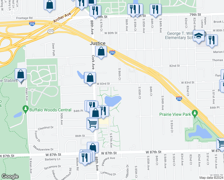 map of restaurants, bars, coffee shops, grocery stores, and more near 8301 South 88th Avenue in Justice