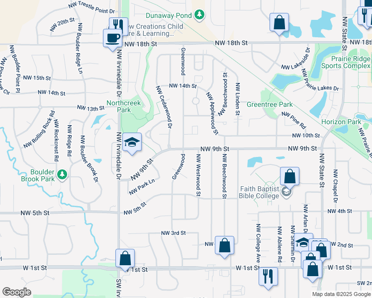 map of restaurants, bars, coffee shops, grocery stores, and more near 823 Northwest Greenwood Street in Ankeny