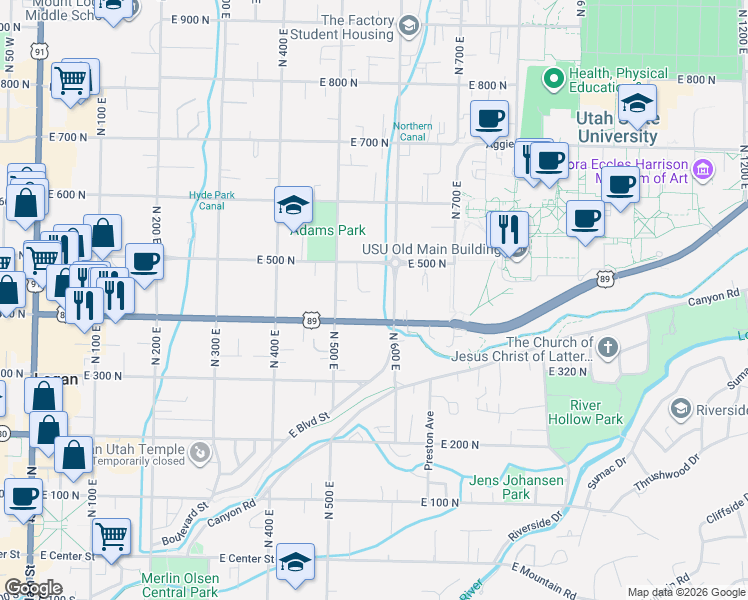 map of restaurants, bars, coffee shops, grocery stores, and more near 549 East 400 North in Logan