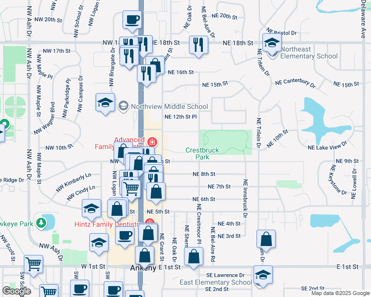 map of restaurants, bars, coffee shops, grocery stores, and more near 918 Northeast Crestmoor Place in Ankeny