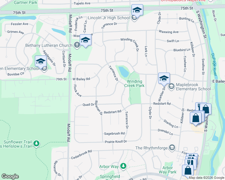 map of restaurants, bars, coffee shops, grocery stores, and more near 631 Flock Avenue in Naperville