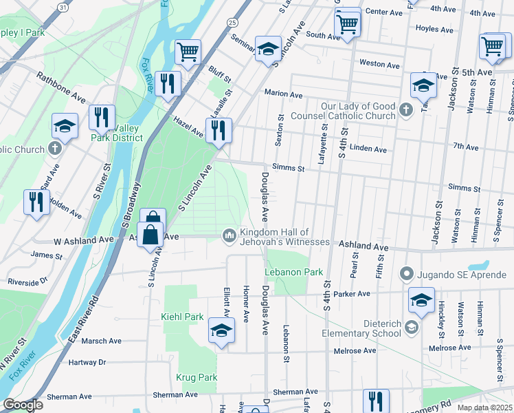 map of restaurants, bars, coffee shops, grocery stores, and more near Virgil Gilman Nature Trail in Aurora