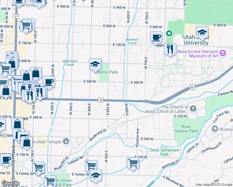 map of restaurants, bars, coffee shops, grocery stores, and more near 549 East 400 North in Logan