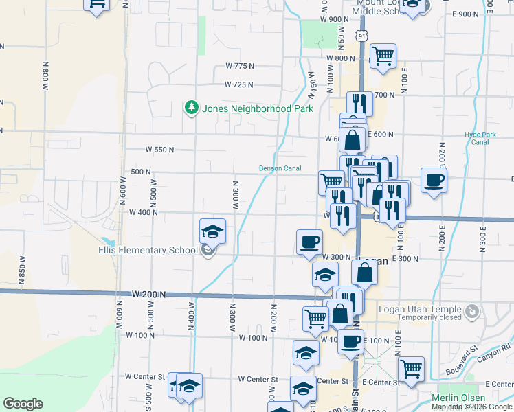 map of restaurants, bars, coffee shops, grocery stores, and more near 245 West 400 North in Logan
