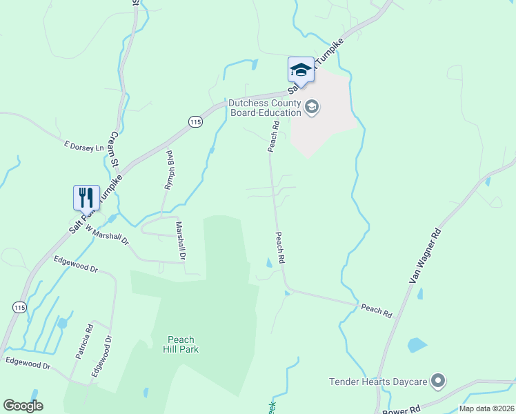 map of restaurants, bars, coffee shops, grocery stores, and more near 72 Peach Road in Poughkeepsie