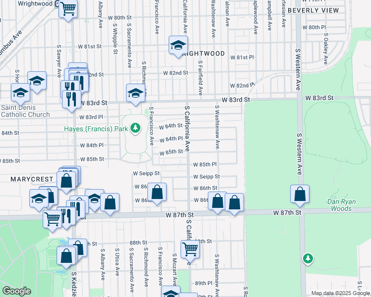 map of restaurants, bars, coffee shops, grocery stores, and more near 2800 West 85th Street in Chicago