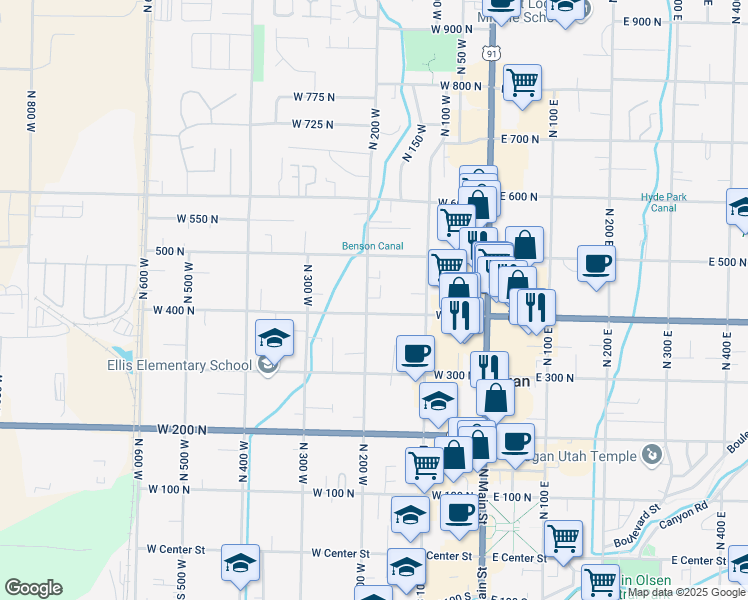 map of restaurants, bars, coffee shops, grocery stores, and more near 395 North 200 West in Logan