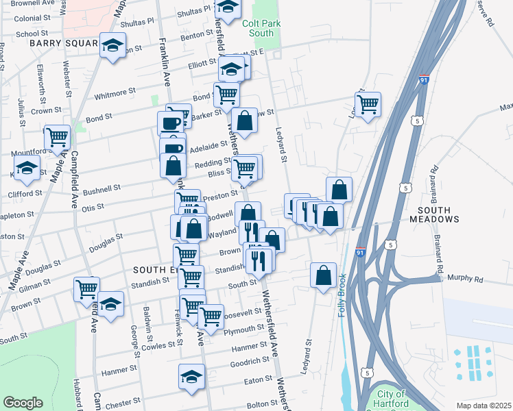 map of restaurants, bars, coffee shops, grocery stores, and more near 624 Wethersfield Avenue in Hartford