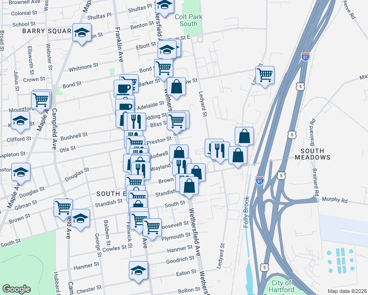 map of restaurants, bars, coffee shops, grocery stores, and more near 617 Wethersfield Avenue in Hartford